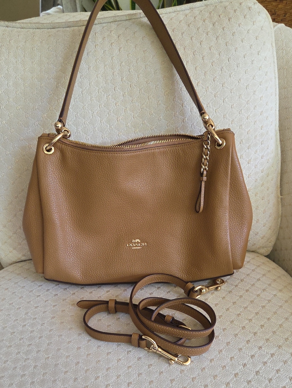 Coach Tan Pebbled Leather Shoulder Bag with Gold Hardware
